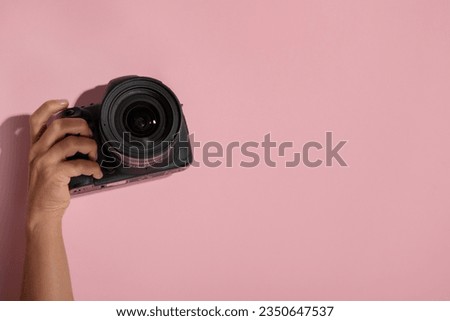 Photo Camera. professional DSLR photo camera body with lens. photography concept. photography camera. photography equipment. Professional photographer accessories background. copy space.