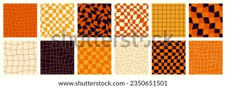 Halloween Checkerboard Seamless Patterns Set. Retro Groovy Grid Background in 1970s Style. Y2K Wavy Print in Orange and Black Colors for Textile, Wrapping Paper, Wallpaper, Web Design and Social Media