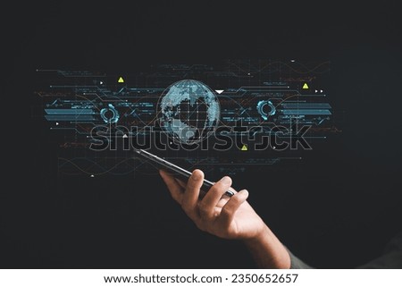 Global business concept with IoT and E-commerce. Man using mobile phone for online shopping and digital banking. Digital marketing, internet technology, and multi-channel marketing.