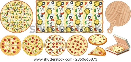 Colorful cartoon-style vector illustration of a set of Italian pizzas