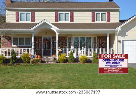 Real Estate for sale open house welcome sign Suburban high ranch style home residential neighborhood USA