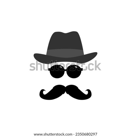 Vintage silhouette of bowler hat, curly mustaches, sunglasses. Vector illustration of retro gentleman or hipster mask isolated on white background. Funny carnival disguise decoration