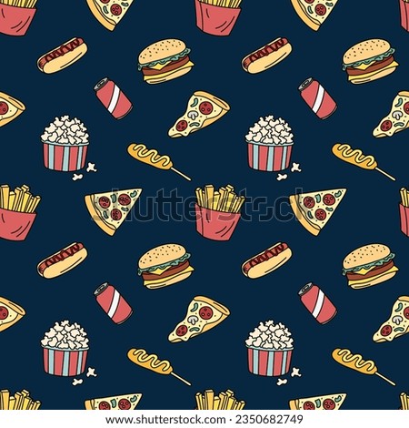 Fast food vector seamless pattern. Fastfood elements background. Hand drawn outline repeat illustration with hot dog, fries, cheeseburger, taco, pizza. 