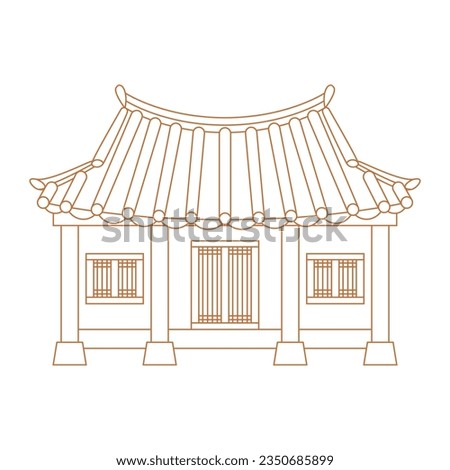 Editable Vector Illustration of Outline Style Front View Traditional Hanok Korean House Building for Artwork Element of Oriental History and Culture Related Design Royalty-Free Stock Photo #2350685899