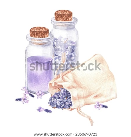 Aromatic Lavender Incense. Watercolor botanical illustration of dried flowers and floral essential oil. Hand drawn clipart isolated on white background. Drawing in purple pastel colors for spa