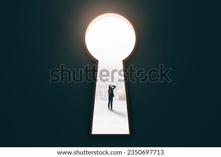 Thoughtful businesswoman standing in bright keyhole opening with city view on black wall background. Future, way and ambition concept Royalty-Free Stock Photo #2350697713