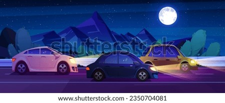 Cars drive along country road near mountains and trees at night under starry sky. Cartoon vector of midnight landscape with rocky peaks, automobiles traveling on asphalt highway under moonlight. Royalty-Free Stock Photo #2350704081