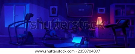 Home gym room at night with yoga equipment cartoon vector background. Sport exercise and fitness workout indoor house studio at midnight. Tablet screen glow in dark wellness apartment panorama