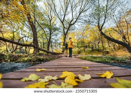 Family crosses the river on wooden bridge in autumn. Royalty-Free Stock Photo #2350715305