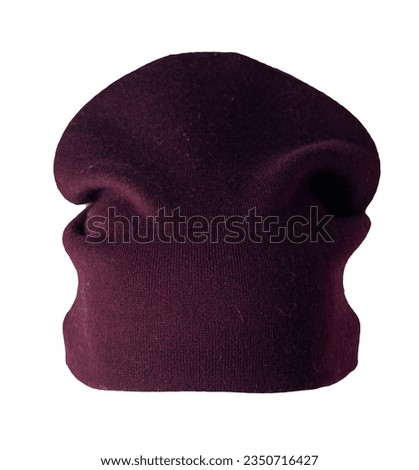 burgundy hat isolated on white background .knitted hat . Royalty-Free Stock Photo #2350716427