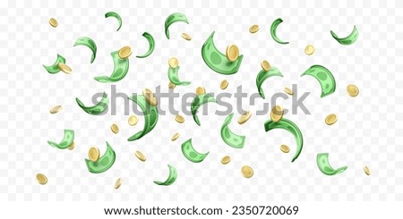 Falling money. 3D cartoon gold coins and green paper currency. Financial success concept. Casino profit jackpot. Vector illustration  Royalty-Free Stock Photo #2350720069