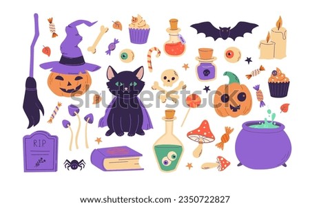 Cartoon Halloween elements clip art. Pumpkin, bat, black cat, potion, candies, spider, broom, magic vector set. Perfect for scrapbooking, invitation, greeting card, poster design 