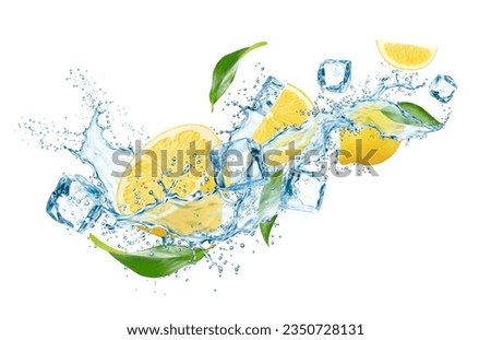 Realistic lemon fruit with green leaves, water splash and ice cubes, capturing essence of refreshing, cool and invigorating citrus experience. Isolated 3d vector flow of cold liquid and frozen blocks Royalty-Free Stock Photo #2350728131