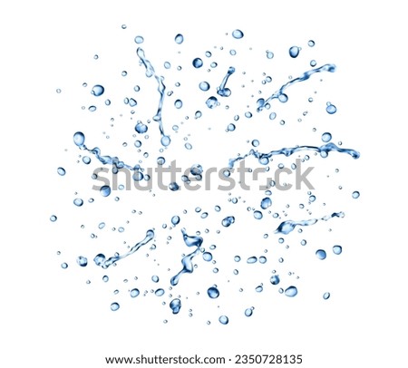 Realistic rain blue water drops and splatters. Realistic 3d vector small translucent droplets formed when water condenses or falls. They shimmer, cling, create ripples, refreshing and reflecting light Royalty-Free Stock Photo #2350728135