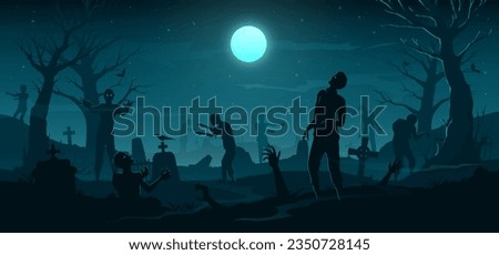 Halloween scary zombie horror graveyard background. Dead apocalypse monsters walking at spooky night cemetery vector banner, eerie tombstones, old trees silhouettes, bats and full moon in dark sky Royalty-Free Stock Photo #2350728145
