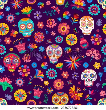 Dia de los muertos mexican seamless pattern with sugar calavera skulls and tropical flowers. Vector repeated ornament in traditional alebrije style with decorated dead calaca heads and floral elements Royalty-Free Stock Photo #2350728261