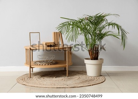 Shelving unit with books, blank frame and palm tree near light wall in room