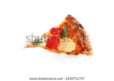 Flying slice of tasty pizza Margarita on white background