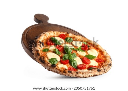 Flying wooden board with tasty pizza margarita on white background Royalty-Free Stock Photo #2350751761