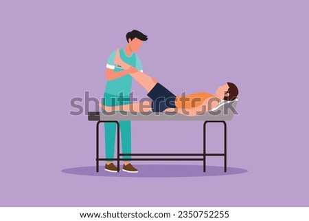Cartoon flat style drawing male therapist helping patient to raise leg for exercise. Physical therapy treatment. Rehabilitation center. Passive and active exercise. Graphic design vector illustration