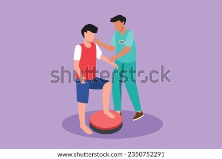 Character flat drawing man therapist helping young male patient stepping up the stairs, medical rehabilitation, physical therapy activity. Healthcare treatment room. Cartoon design vector illustration