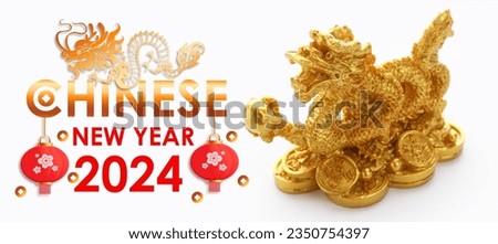 Greeting card for Chinese New Year 2024 with golden dragon on white background