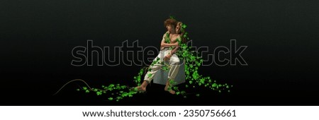 Beautiful young couple, redhead boy and girl hugging, supporting and loving each other. Contemporary art collage. Concept of surrealism, psychology, inner world, imagination, diversity. Ad Royalty-Free Stock Photo #2350756661