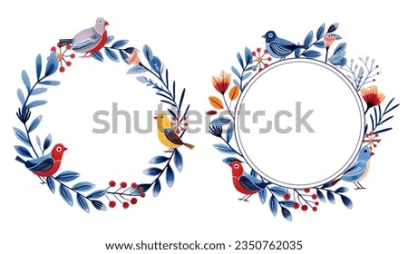 Set of round frames with birds in ethnic style. Birds and leaves for your design, template. Greeting card, border.