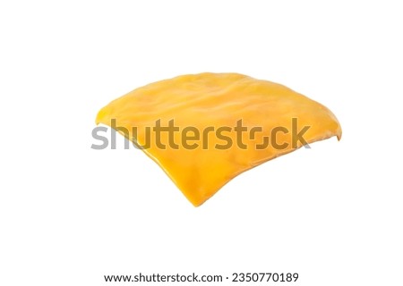 Slice of melted cheese for sandwich isolated on white. Cheddar cheese hamburger ingredient.