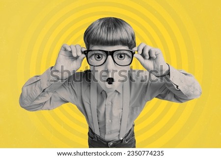 Surreal collage picture image artwork of funny nerd schoolboy staring open mouth touch eyewear shock isolated on yellow background Royalty-Free Stock Photo #2350774235