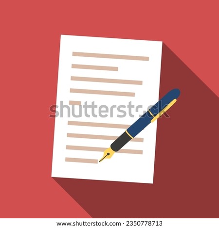 Vintage fountain pen writing on a letter flat icon with long shadow. Literature icon pictogram vector illustration. Writing, poetry, document, certificate, contract, authorship, literature concept