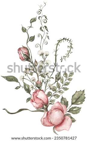 Watercolor pink flowers bouquet, floral illustration, Leaf and buds clipart