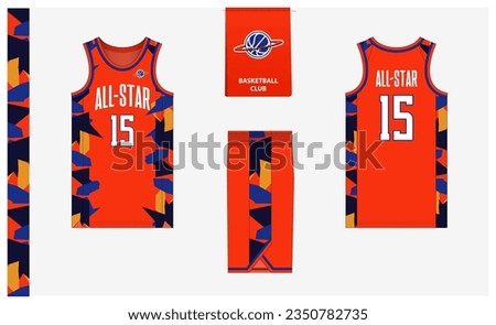 Basketball uniform mockup template design for sport club. Basketball jersey, basketball shorts in front, back view and side view. Basketball logo design. Vector Illustration Royalty-Free Stock Photo #2350782735