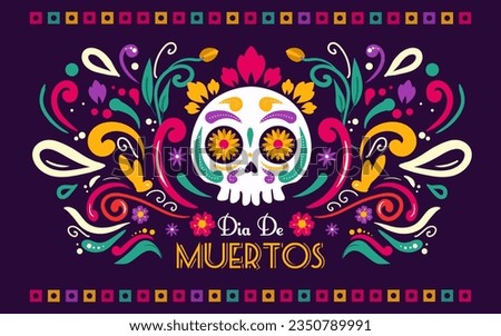 Happy Dia De Muertos Background, Day of the Dead, Decoration skull and flowers with leaves, traditional Mexico celebration, Vector illustration background. Sugar tatoo skulls, candle, maracas, guitar,