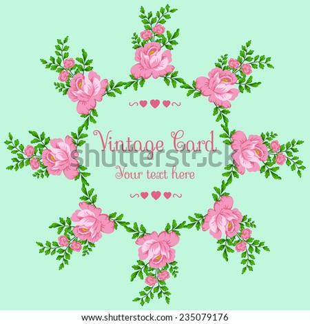 Vector circular floral wreaths with pink roses and central  copyspace for your text. Can be used for birthday or wedding cards, wedding invitations etc