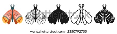 Moth stylized exotic retro set. Mystical bohemian butterfly symbol insect wings with ornament. Colored, silhouette or symbol, doodle tattoo line ornate celestial moth. Vintage decoration ornate vector