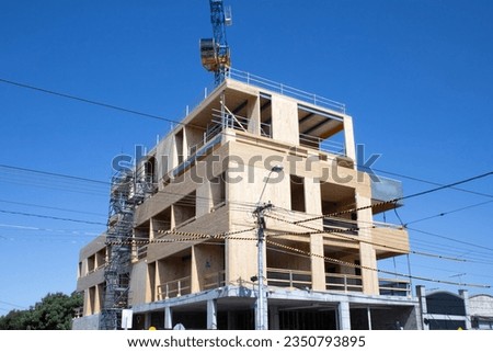 Mass timber construction, featuring CLT, Glulam, and other elements. Royalty-Free Stock Photo #2350793895