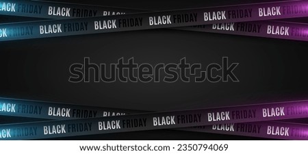 3d ribbons with blue and purple glow for Black Friday sale on black background. Crossed ribbons. Graphic elements for big sale. Vector illustration. EPS 10. Royalty-Free Stock Photo #2350794069