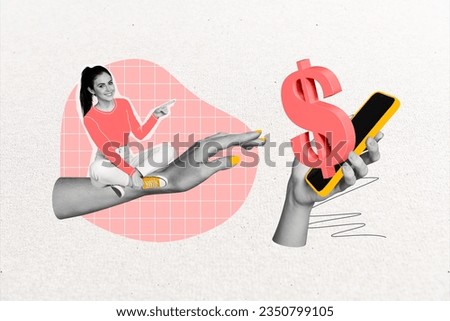 Artwork collage image of back white effect mini girl sit big arms point finger smart phone money dollar symbol isolated on creative background