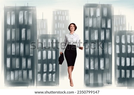 Composite photo illustration 3d collage of positive good mood woman go to work in big city isolated on creative painted background