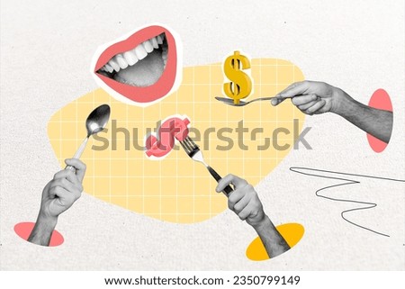 Collage image of black white effect arms hold spoon fork eat dollar money symbol big smiling mouth isolated on drawing background
