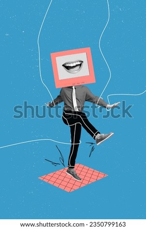 Vertical collage of black white colors elegant man dancing hands legs tied strings display instead head smiling mouth isolated on blue background