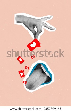 Vertical collage image of black white effect arms fingers hold throw like notification mouth tongue catch eat isolated on beige background
