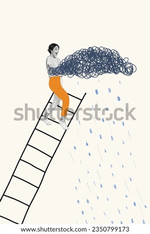 Vertical composite photo collage of astonished woman standing on ladder hold cloud call for rain isolated on creative drawing background