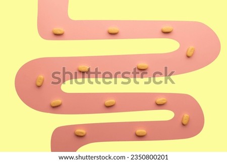 Creative idea of probiotics capsules or medicine pills absorbed in small intestine. Concept of digestive supplements, intestinal microflora and drug metabolism. Minimal style.