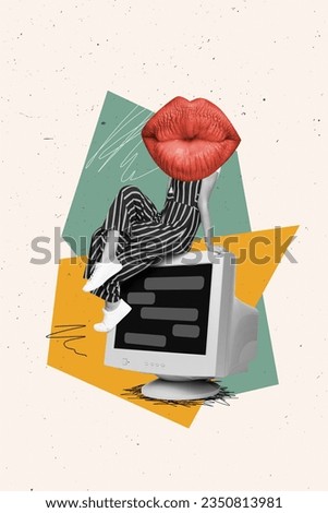 Vertical collage picture of mini black white colors girl big pouted lips instead head kiss sit computer monitor isolated on drawing background