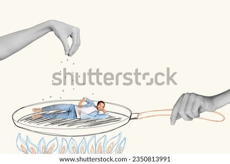 Picture 3d collage poster of cheerful guy lying on frying pan warming fire preparing breakfast dinner isolated on painting white background