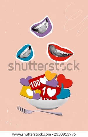 Cartoon comics sketch collage of colorful lips excited eating positive feedback isolated beige color background