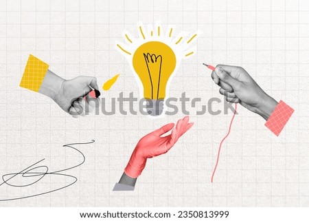 Illustration collage yellow lamp invention lighter hands holding aux audio cable electricity works isolated on plaid white background
