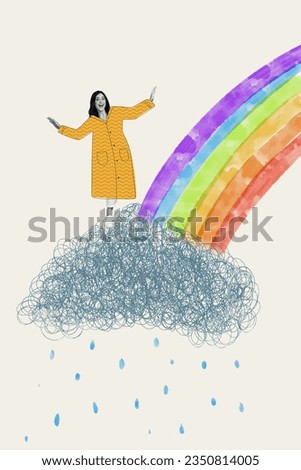 Vertical composite photo collage of satisfied pleasant woman standing on cloud near rainbow isolated on creative painted background